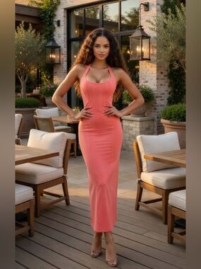 HOUSE OF CB 'Lusilla' Coral Stretch MeshHalterNeckMidiDress/Size S-US 4-6 $269